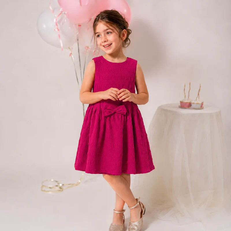 Baby Girl Dark Pink Bow Crinckle Frock