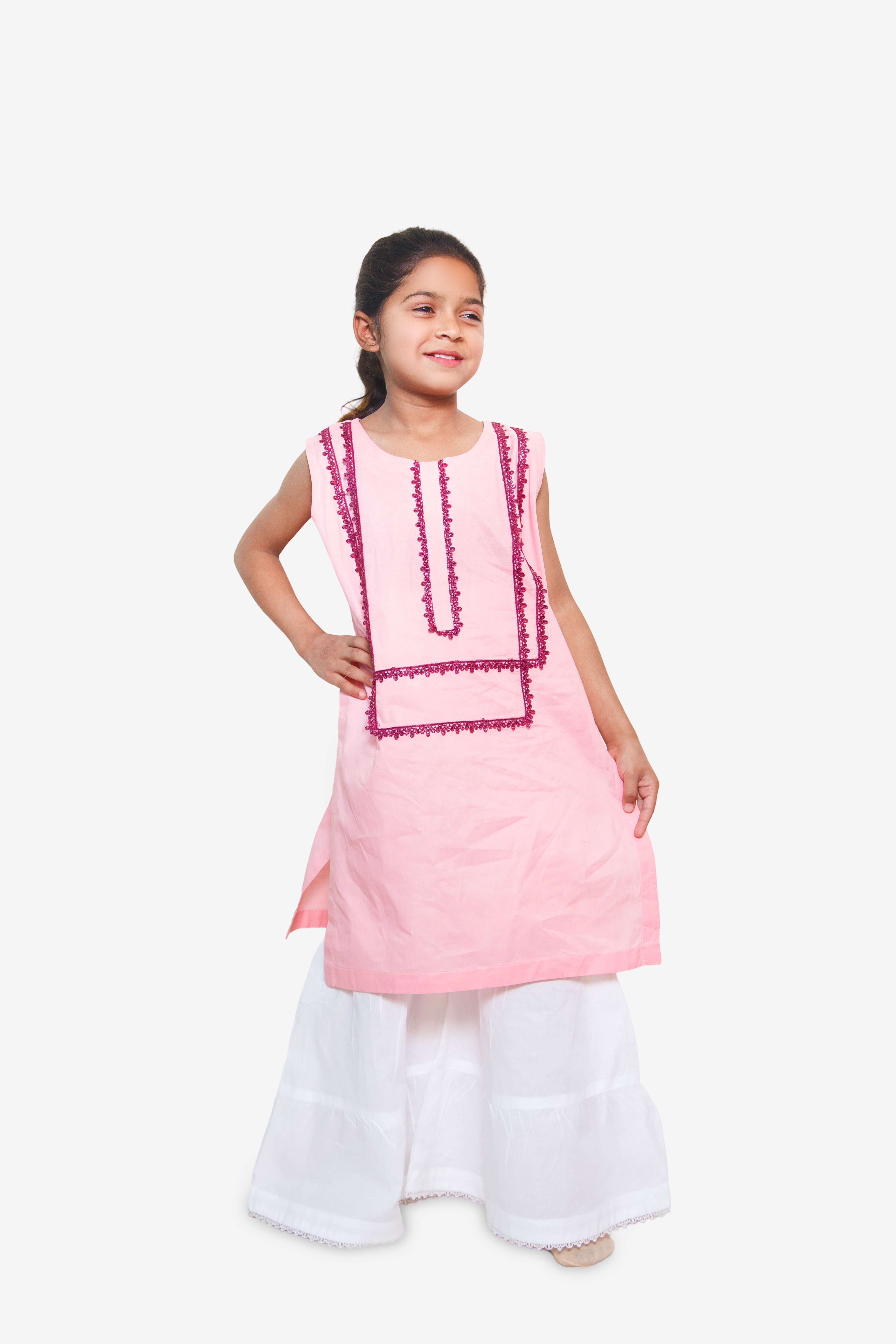 PINK ELEGANCE EMBROIDERED TOP & WHITE TROUSERS