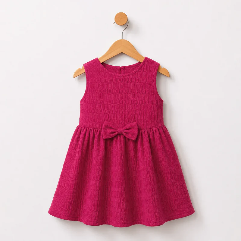 Baby Girl Dark Pink Bow Crinckle Frock